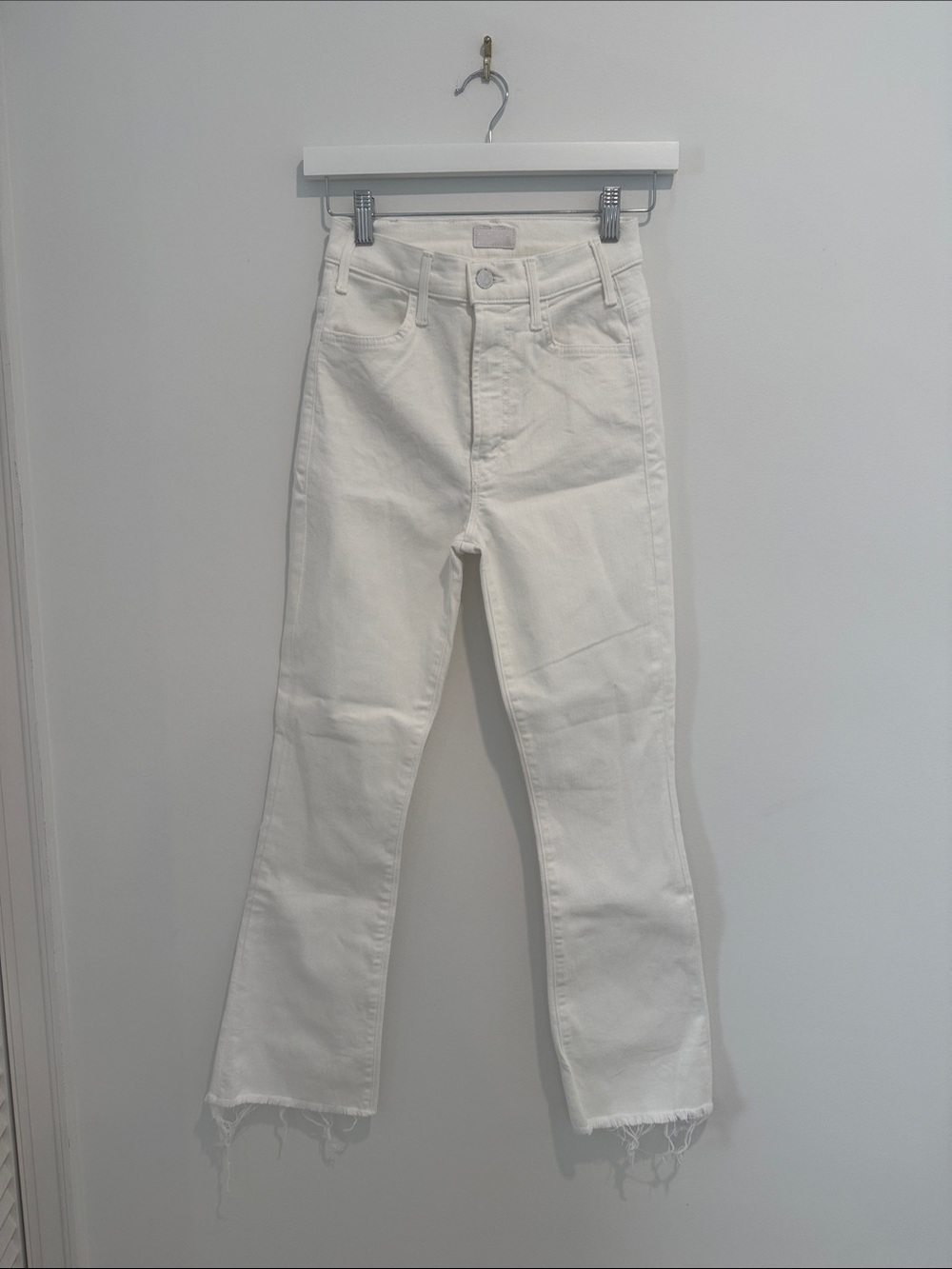 Mother Jean: White High-Rise Straight Jeans with Raw Hem